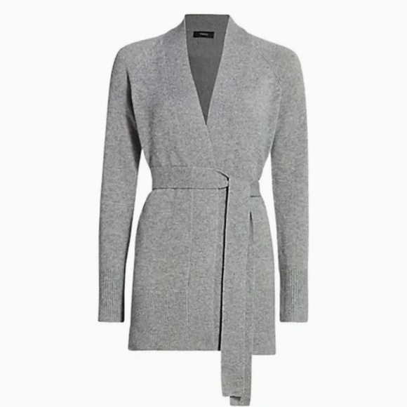 THEORY Cashmere Malinka Belted Cardigan Sweater Husky Gray Knit Size P X-Small - Picture 12 of 16